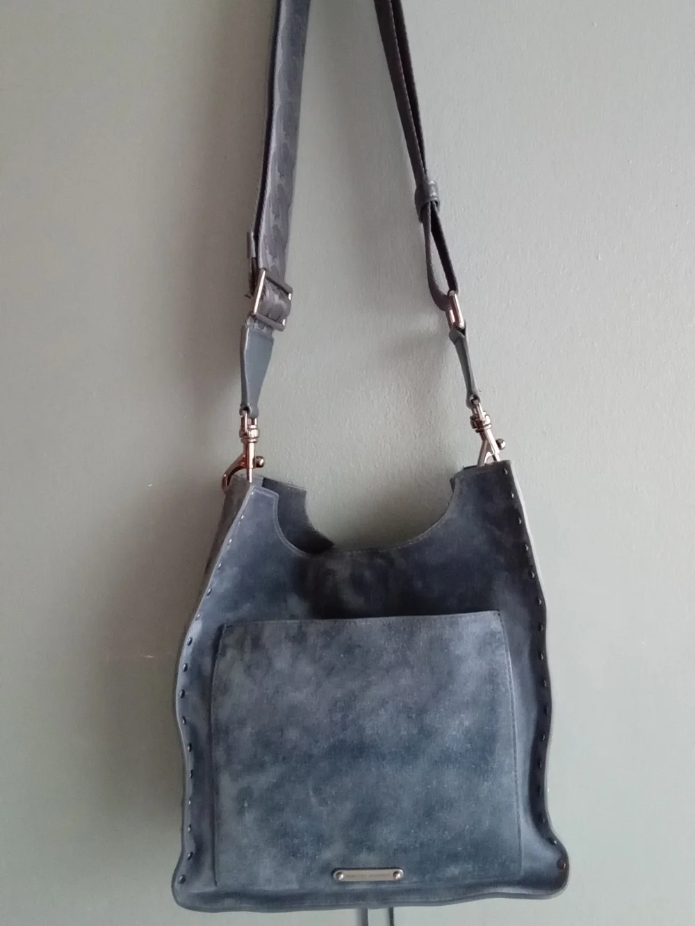 Rebecca Minkoff‎ Navy Blue Suede Studded Hobo Crossbody Bag with Guitar Strap